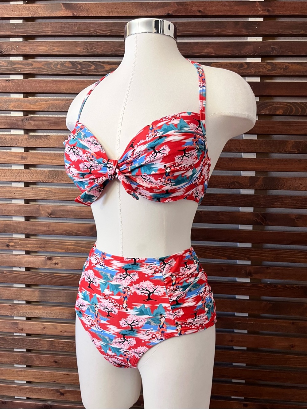 NWT 2 PC Disney Red Retro Mulan Bikini Halter Top & High Waist Bottom Bikini Set
